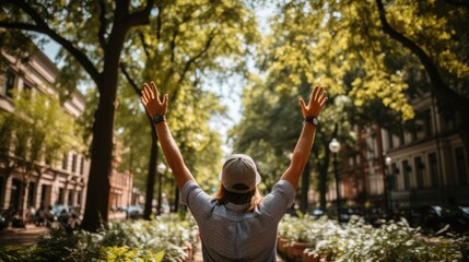 Poster - A person sitting on a bench with their hands in the air. Generative AI image.