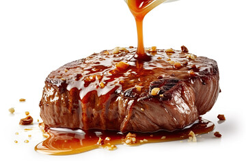 Poster - juicy beef steak with sauce isolated on white