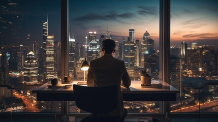 Wall Mural - a man sitting at a desk in front of a window. generative ai image.