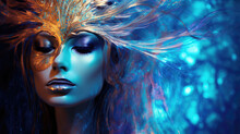 Portrait Of A Woman With Golden Mask And Blue Spiritual Energy Connecting To The Divine.