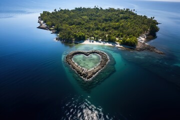 Wall Mural - Tropical island heart shape aerial top to down view, turquoise paradise lagoon illustration generative ai