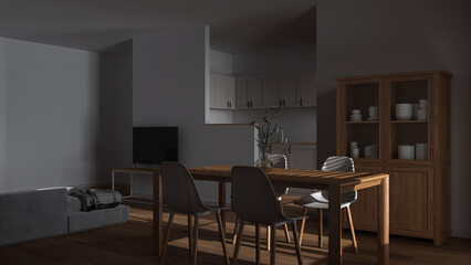 Wall Mural - Dark late evening scene, modern scandinavian dining and living room. Wooden table with chairs, partition wall over kitchen. Cabinets and sofa. Minimal interior design