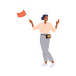 © Iryna Petrenko - Friendly smiling tour guide woman cartoon character holding red flag isolated on white background