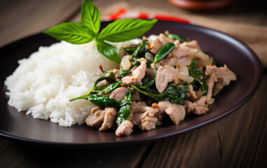 Wall Mural - stir fried pork with basil and chili