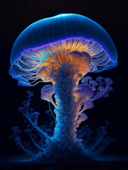 Wall Mural - Fantasy Illustration of a Blue Lightening Jellyfish Shaped Mushroom in Black Background. Glowing Undervater Animal in Ocean Concept Design for Nature or Marine Banner, Poster, Card. Ai Generated.