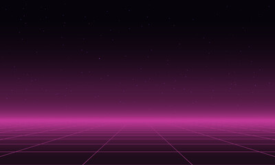 80s Retro Sci-Fi Background Futuristic Grid landscape. Digital cyber surface style of the 1980`s. Double infinite grid and lights forward. Synthwave wireframe net illustration.  80s, 90s cyber grid