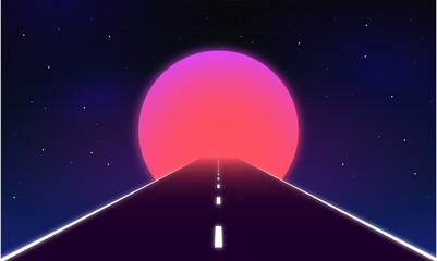 Night road 80s Retro Sci-Fi Background Futuristic Grid landscape. Digital cyber surface style of the 1980`s. 3D illustration. infinite mesh bottom, comets under space grid. Synthwave wireframe net