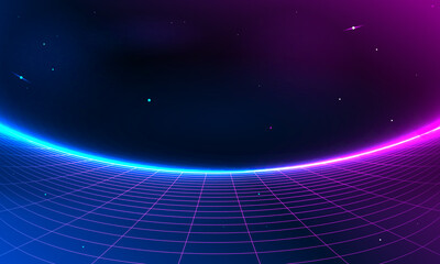 80s Retro Sci-Fi Background Futuristic Grid landscape. Digital cyber surface style of the 1980`s. Double infinite grid and lights forward. Synthwave wireframe net illustration.  80s, 90s cyber grid