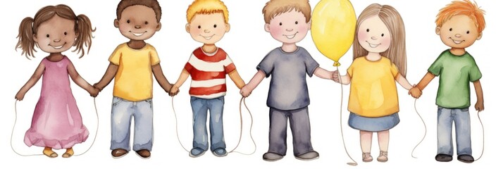 Canvas Print - A group of children holding hands and holding balloons. Generative AI image.