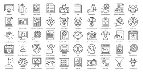 Business Management Thin Line Icons Career Strategy Icon Set in Outline Style 50 Vector Icons in Black	
