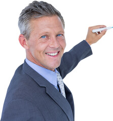 Poster - Digital png photo of happy caucasian businessman writing with marker on transparent background