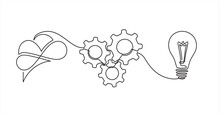 Continuous One Line Drawing Of 
Human Brain, Light Bulb And Gears. Creative Idea Inspiration Generator - Concept Banner For Presentation, Booklet, Web Site And Other Design Projects. Mind Layout.