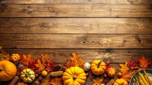 Thanksgiving Dinner Background With Turkey And All Sides Dishes, Pumpkin Pie, Fall Leaves And Seasonal Autumnal Decor On Wooden Background, Top View, Copy Space. Generative Ai