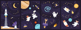 Fototapeta Fototapety kosmos - Space adventure of astronaut animals set vector illustration. Cartoon childish art design with cute explorers in helmet and spacesuit flying in galaxy with rocket and planets, stars in constellation