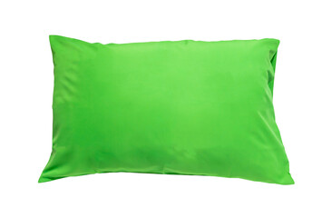 Green pillow after guest's use at hotel or resort room isolated on white background with clipping path in png file format Concept of confortable and happy sleep in daily life