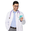 © Damir Khabirov - Young male doctor in white coat smiling, holding his smartphone with one hand, using medical app