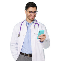 Wall Mural - Young male doctor in white coat smiling, holding his smartphone with one hand, using medical app