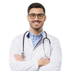 Wall Mural - Portrait of smiling handsome young male doctor with stethoscope around neck, wearing white coat and glasses