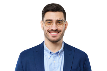 Young business man standing close to camera, isolated on gray background, looking through round glasses, smiling happily, feeling relaxed and confident