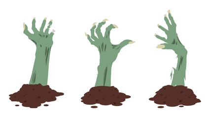 Wall Mural - Zombie scrawny hands. Cartoon spooky monsters bony arms sticking out of ground, Halloween creepy hands decoration flat vector illustration set
