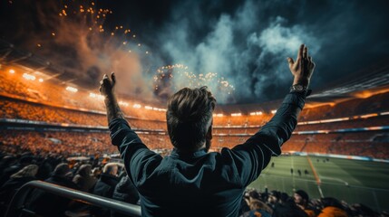 A man with his arms in the air at a football game. Generative AI image.
