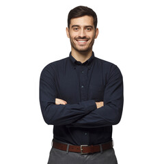 modern businessman in deep blue shirt standing with crossed arms