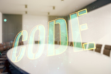 Wall Mural - code word hologram on a modern meeting room background, artificial intelligence and neural networks 