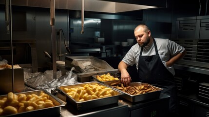 Wall Mural - A man standing in a kitchen preparing food. Generative AI image.