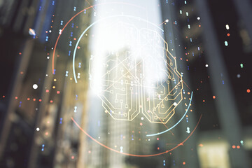 Wall Mural - double exposure of creative human brain microcircuit hologram on blurry cityscape background. future