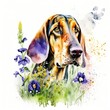 bloodhound dog wild flowers water color