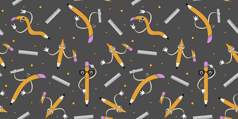 Wall Mural - Seamless pattern with Funny School Characters isolated on gray background. Mascot Pencil endless ornament. Trendy Shcool supplies. Wallpaper and bed linen printing. Vector illustration