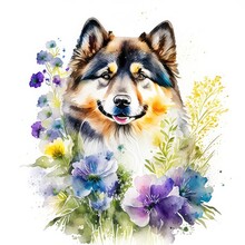 Finnish Lapphund Dog Wild Flowers Water Color On White Background