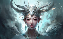 Forest Horned Goddess Magic Fantasy Character Woman Face Portrait Digital Generated Mesmerizing Art Illustration