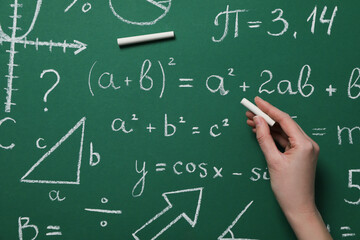 School formulas and drawings on a green school board