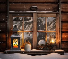 Christmas Candle Lantern In Winter Garden, Snowy Evening Landscape. Christmas Holiday Background. Atmosphere Festive Winter Still Life