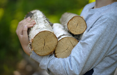 The child helps to prepare firewood for the winter.Carry sawn logs of wood for kindling a fire. Help with household chores on the farm.