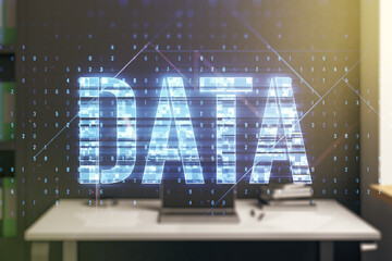 Wall Mural - creative data word hologram and modern desk with computer on background, big data and blockchain con