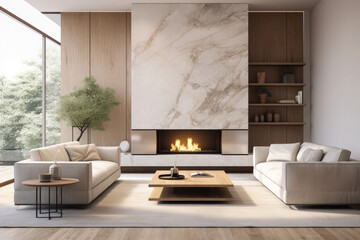 Wall Mural - Modern living room interior with sofa and fireplace. Cozy lounge zone in house. Showcase with luxury design in real estate. Created with Generative AI