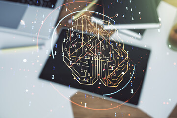 Wall Mural - double exposure of creative artificial intelligence symbol and digital tablet on background, top vie
