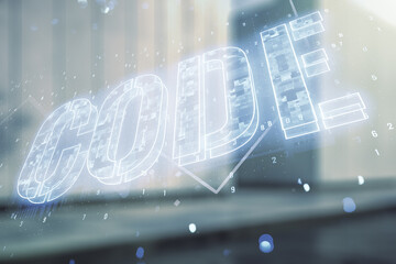Wall Mural - code word hologram on blurry contemporary office building background, international software develop