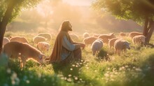 Shepherd Jesus Christ Leading The Sheep And Praying To God And In The Field Bright Sunlight