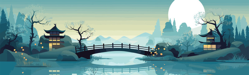 peaceful Japanese garden with koi pond vector isolated illustration