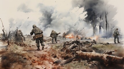 Canvas Print - World war II battle scene illustration. AI Generative Art.