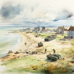 Wall Mural - World war II battle scene illustration. AI Generative Art.