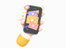 3D Hand Holding Phone With Mail Messages. Send Letters In Envelopes. Bell Notification Concept. Email Newsletter With Letter Paper. Bell Notice. Cartoon Creative Design Illustration. 3D Rendering