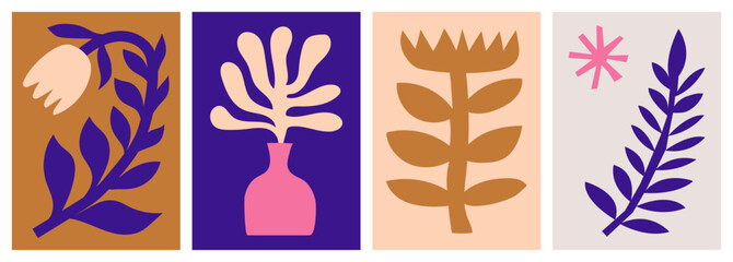 Plants posters designs inspired by Naive art. Flat vector illustrations with botanical and organic shapes for cards, invitations, celebrations, wall art, prints or interior decoration.