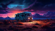 RV stopped in the middle of the desert with a cinematic and colorful sunset.