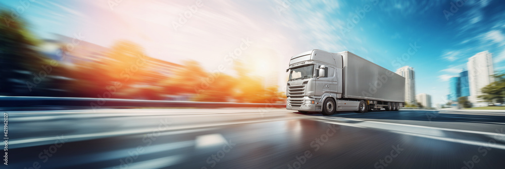 fast delivery truck on the highway in big, modern city. cargo transport ...