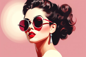 Wall Mural - Beaut, fashion and style concept. Retro style fashion woman wearing trendy sunglasses portrait illustration. Illustrative minimalistic design. Pin up girl fashion style. Generative AI