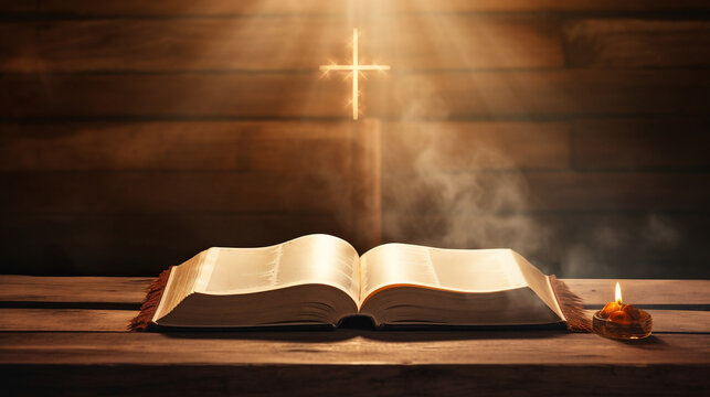 Church faith Christian background banner panorama - Old holy bible and cross on old rustic vintage wooden table, Generative Ai